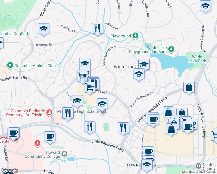 map of restaurants, bars, coffee shops, grocery stores, and more near 10850 Green Mountain Circle in Columbia