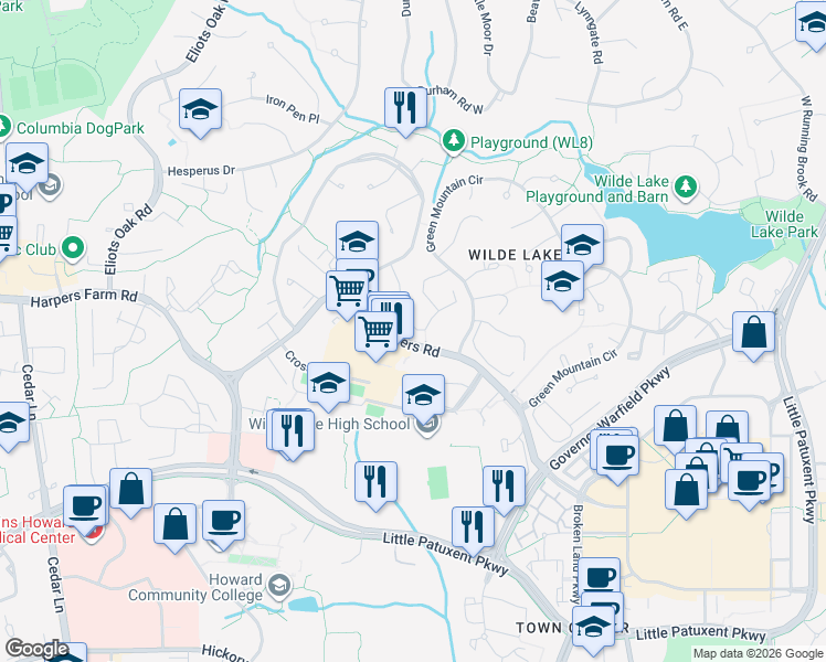 map of restaurants, bars, coffee shops, grocery stores, and more near 10486 Faulkner Ridge Circle in Columbia
