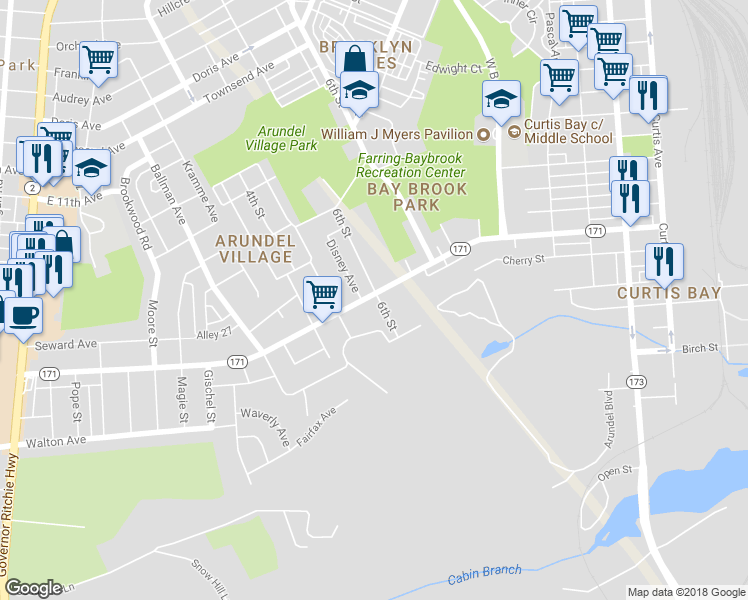 map of restaurants, bars, coffee shops, grocery stores, and more near 713 Maryland 171 in Brooklyn Park
