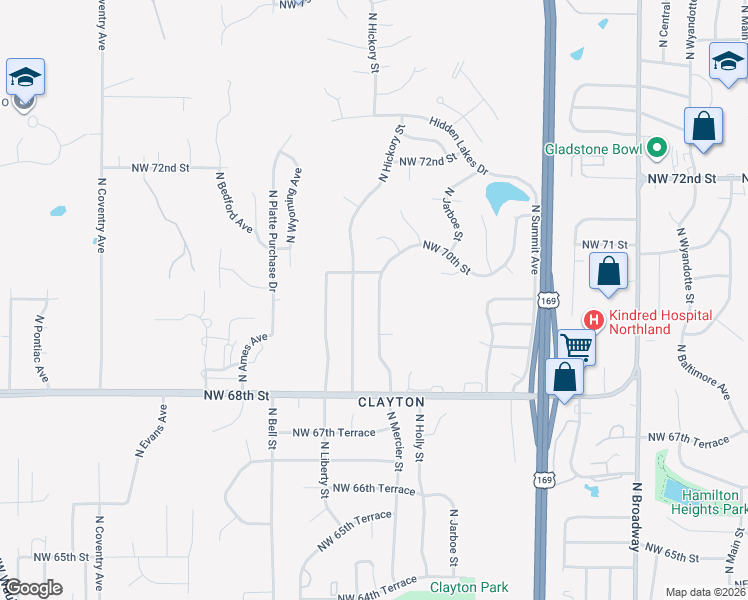 map of restaurants, bars, coffee shops, grocery stores, and more near 6917 North Mercier Street in Kansas City