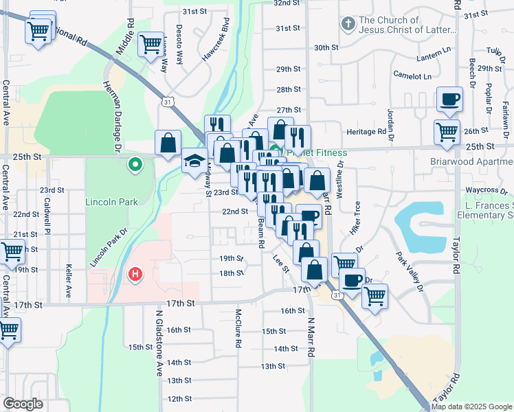 map of restaurants, bars, coffee shops, grocery stores, and more near 2200 North National Road in Columbus