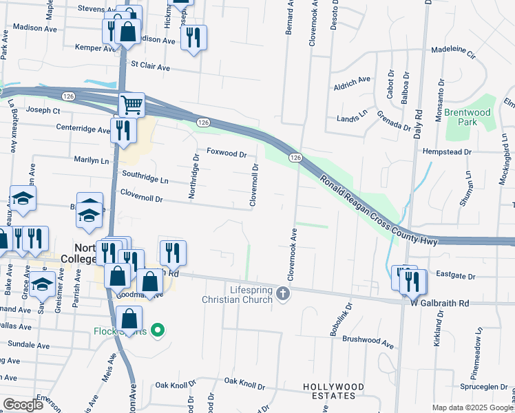 map of restaurants, bars, coffee shops, grocery stores, and more near 7004 Clovernoll Drive in Cincinnati