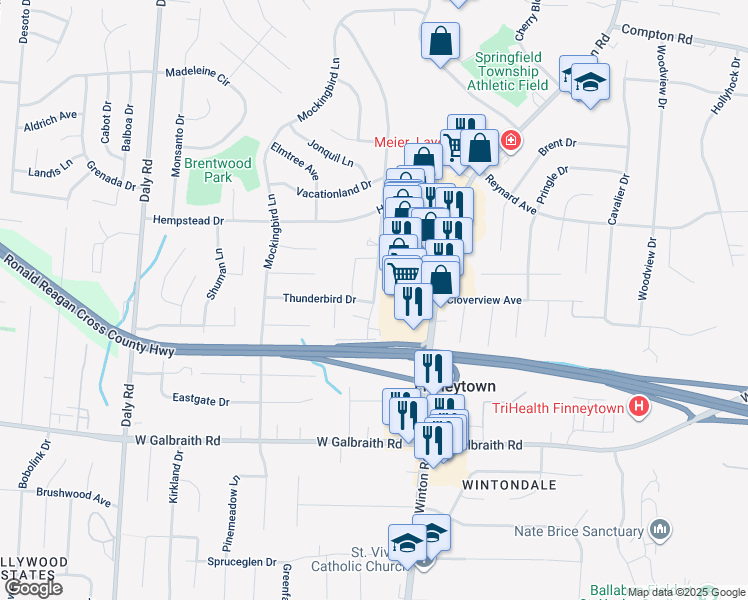 map of restaurants, bars, coffee shops, grocery stores, and more near 8436 Cottonwood Drive in Cincinnati