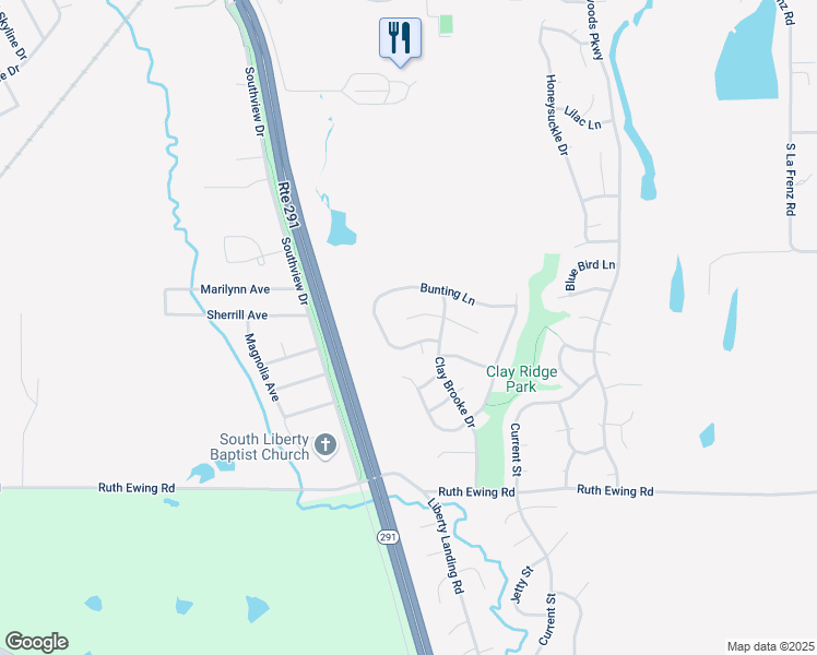map of restaurants, bars, coffee shops, grocery stores, and more near 921 Swallow Circle in Liberty