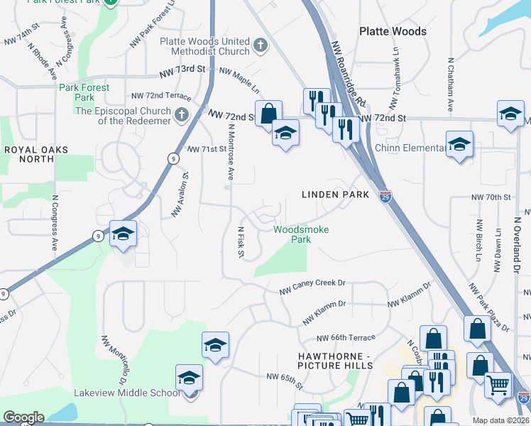 map of restaurants, bars, coffee shops, grocery stores, and more near 7009 North Fisk Court in Kansas City