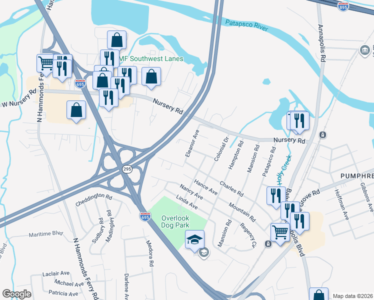 map of restaurants, bars, coffee shops, grocery stores, and more near 24 Eleanor Avenue in Linthicum Heights