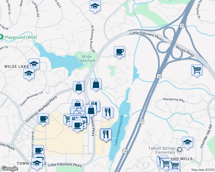 map of restaurants, bars, coffee shops, grocery stores, and more near 5564 Vantage Point Road in Columbia