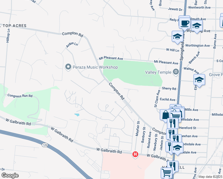 map of restaurants, bars, coffee shops, grocery stores, and more near 183 Compton Road in Cincinnati