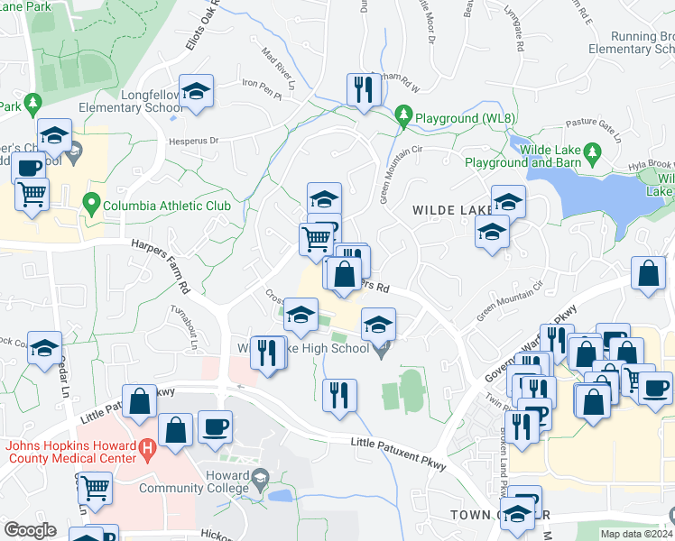 map of restaurants, bars, coffee shops, grocery stores, and more near 10471 Twin Rivers Road in Columbia