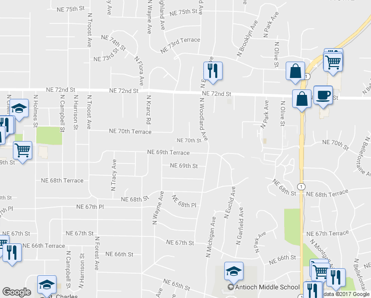 map of restaurants, bars, coffee shops, grocery stores, and more near 1706 Northeast 69th Terrace in Kansas City