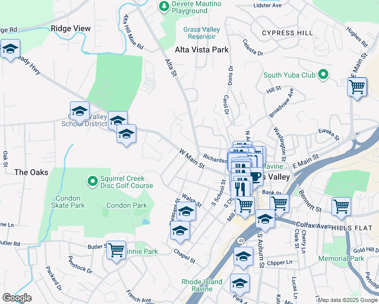 map of restaurants, bars, coffee shops, grocery stores, and more near 714 West Main Street in Grass Valley