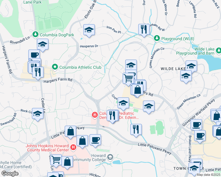 map of restaurants, bars, coffee shops, grocery stores, and more near 10564 Twin Rivers Road in Columbia