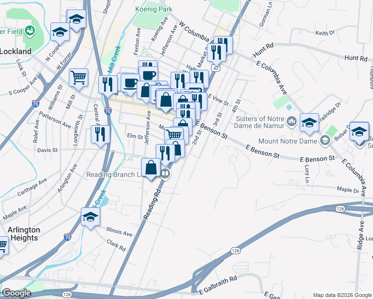 map of restaurants, bars, coffee shops, grocery stores, and more near 100 East Vorhees Street in Reading