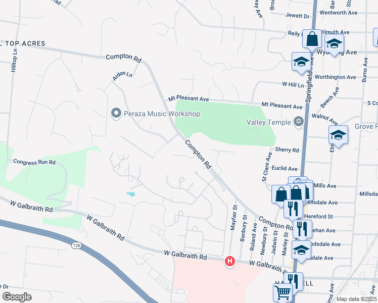 map of restaurants, bars, coffee shops, grocery stores, and more near 183 Compton Road in Cincinnati