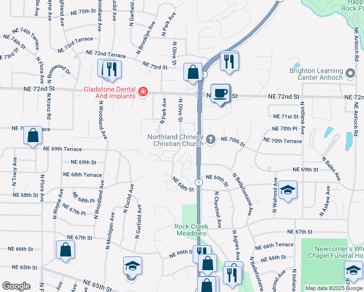 map of restaurants, bars, coffee shops, grocery stores, and more near in Gladstone