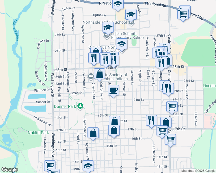 map of restaurants, bars, coffee shops, grocery stores, and more near 2211 California Street in Columbus