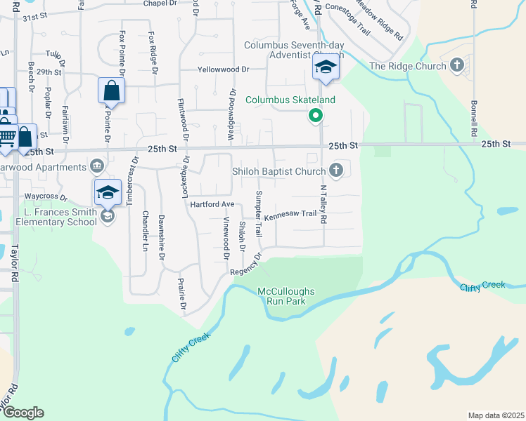 map of restaurants, bars, coffee shops, grocery stores, and more near 2103 Sumpter Trail in Columbus