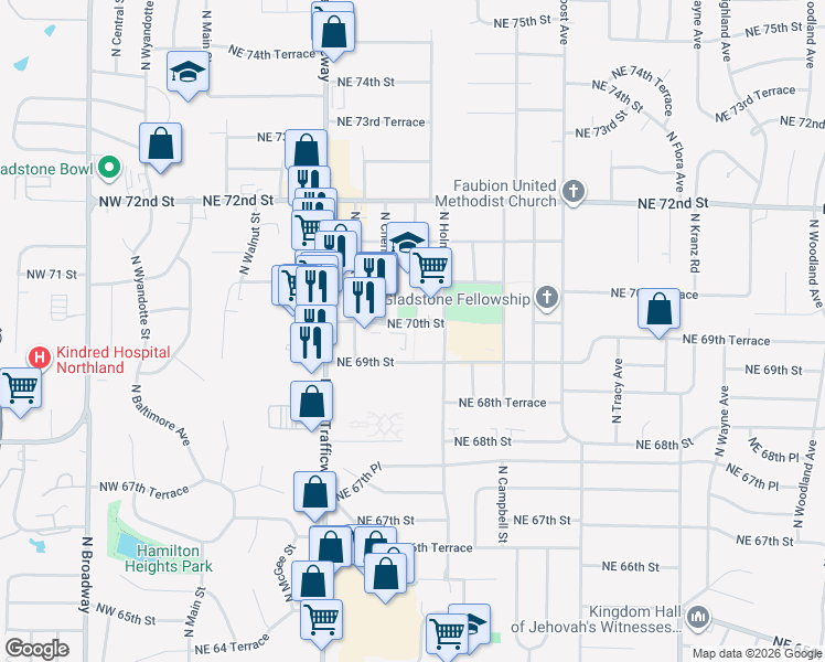 map of restaurants, bars, coffee shops, grocery stores, and more near 6907 North Cherry Street in Kansas City