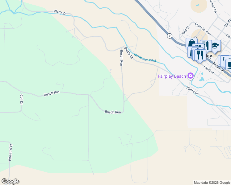 map of restaurants, bars, coffee shops, grocery stores, and more near 401 Busch Run in Fairplay