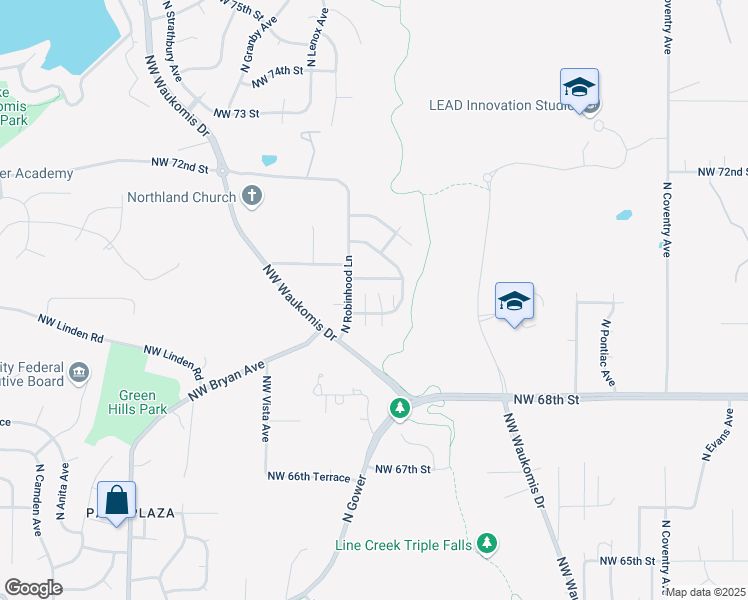 map of restaurants, bars, coffee shops, grocery stores, and more near 3400 Northwest 69th Terrace in Kansas City