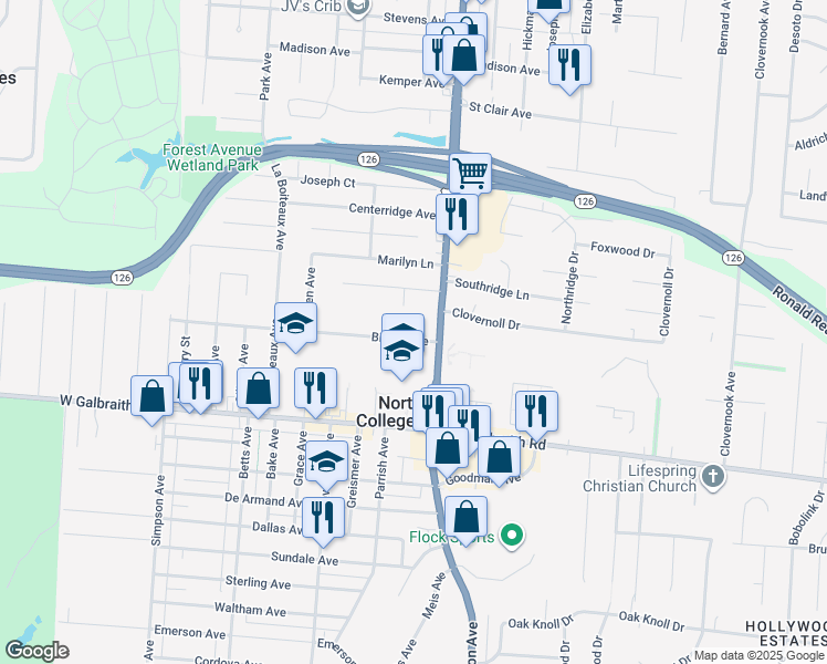 map of restaurants, bars, coffee shops, grocery stores, and more near 1622 Bising Avenue in North College Hill