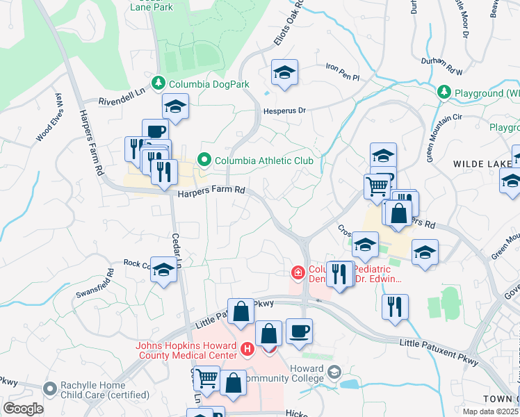 map of restaurants, bars, coffee shops, grocery stores, and more near 5424 Morning Glory Court in Columbia