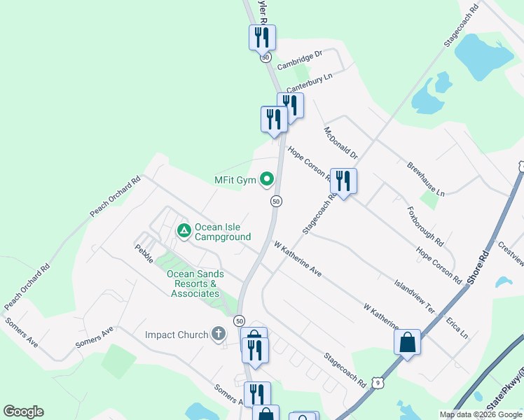 map of restaurants, bars, coffee shops, grocery stores, and more near 7 Sheila Avenue in Ocean View