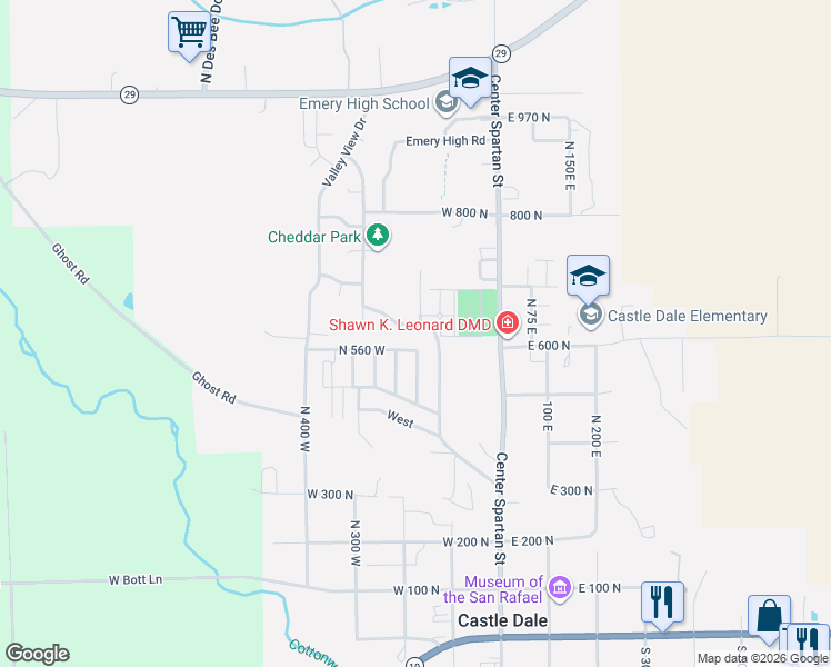 map of restaurants, bars, coffee shops, grocery stores, and more near 175 West Esquire Parkway in Castle Dale