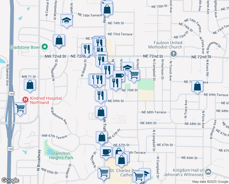 map of restaurants, bars, coffee shops, grocery stores, and more near 525 Northeast 70th Street in Gladstone