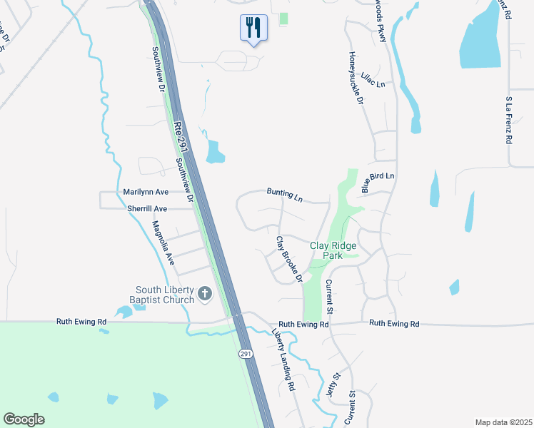 map of restaurants, bars, coffee shops, grocery stores, and more near 929 Swallow Circle in Liberty