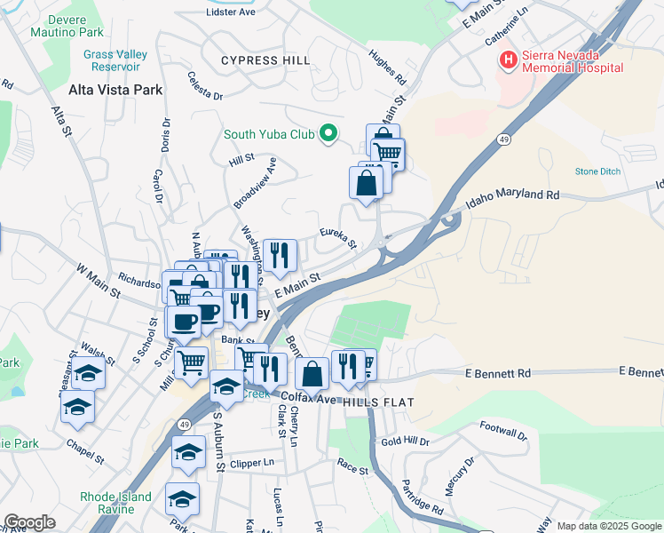 map of restaurants, bars, coffee shops, grocery stores, and more near 331 1st Street in Grass Valley