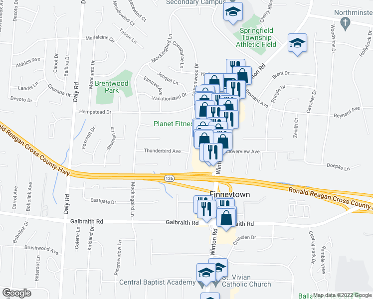 map of restaurants, bars, coffee shops, grocery stores, and more near 8436 Cottonwood Drive in Cincinnati