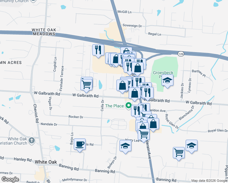 map of restaurants, bars, coffee shops, grocery stores, and more near 3260 Galbraith Road in Cincinnati