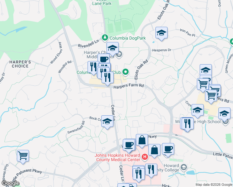 map of restaurants, bars, coffee shops, grocery stores, and more near 5495 Cedar Lane in Columbia