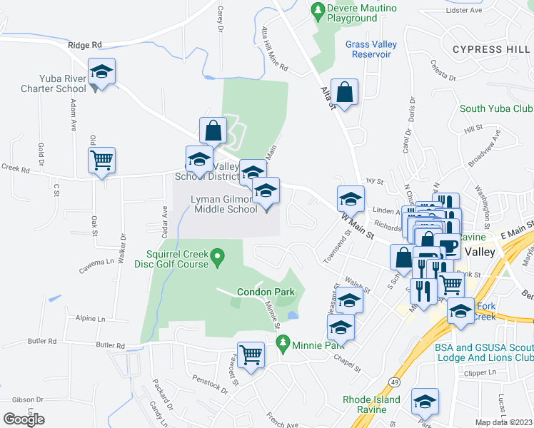 map of restaurants, bars, coffee shops, grocery stores, and more near 10837 Rough and Ready Highway in Grass Valley