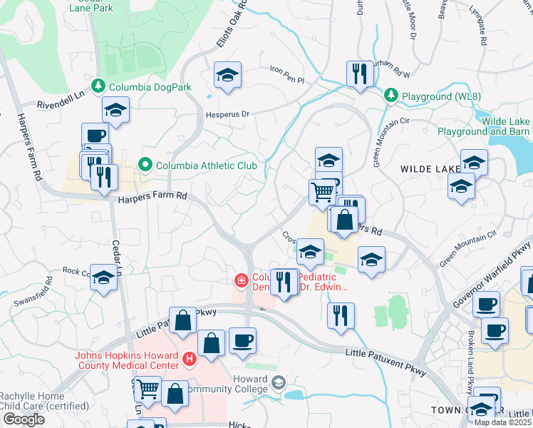 map of restaurants, bars, coffee shops, grocery stores, and more near 10572 Twin Rivers Road in Columbia