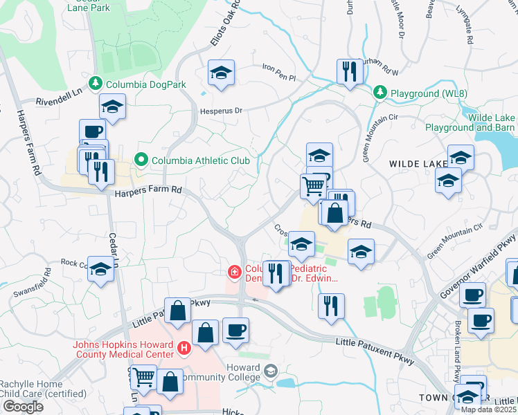 map of restaurants, bars, coffee shops, grocery stores, and more near 10596 Twin Rivers Road in Columbia