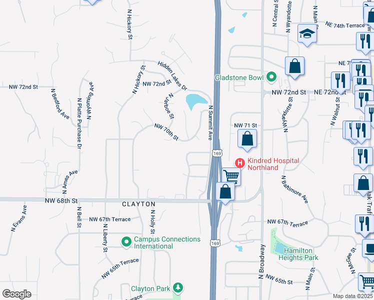 map of restaurants, bars, coffee shops, grocery stores, and more near 844 Northwest 69th Place in Kansas City