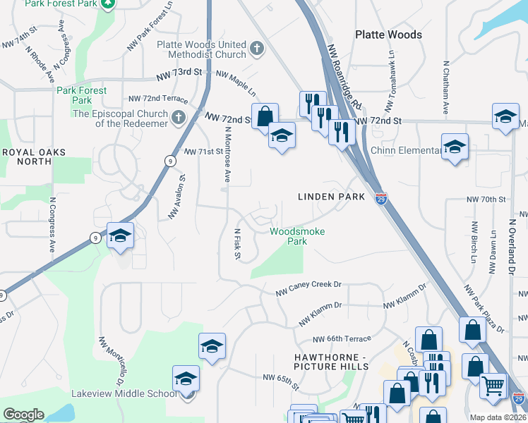map of restaurants, bars, coffee shops, grocery stores, and more near 7009 North Fisk Court in Kansas City