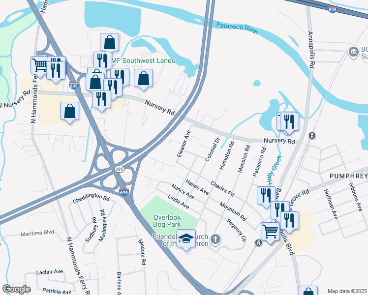 map of restaurants, bars, coffee shops, grocery stores, and more near 414 Laura Avenue in Linthicum Heights