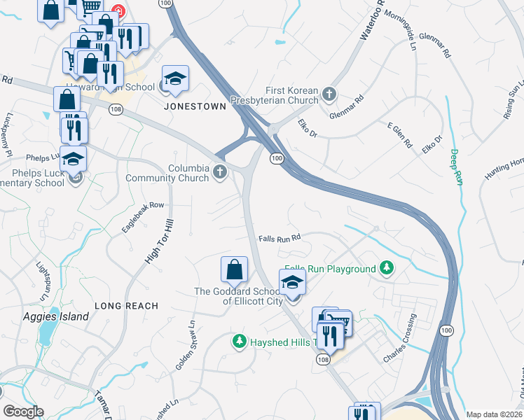 map of restaurants, bars, coffee shops, grocery stores, and more near 5505 Waterloo Road in Ellicott City