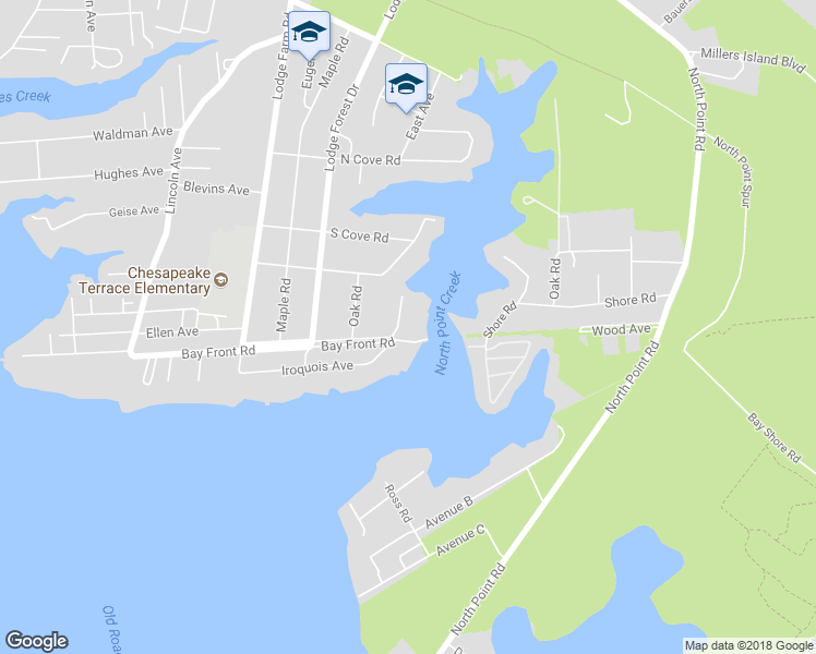 map of restaurants, bars, coffee shops, grocery stores, and more near 2101 Creek Road in Sparrows Point