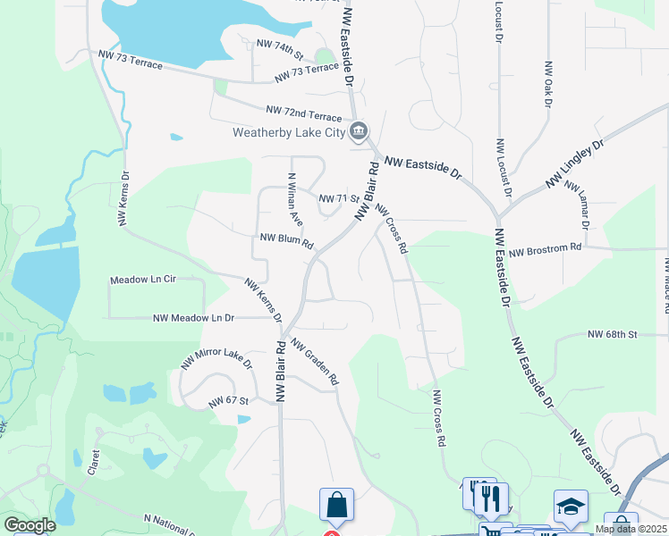 map of restaurants, bars, coffee shops, grocery stores, and more near 9738 Northwest Overhill Drive in Kansas City