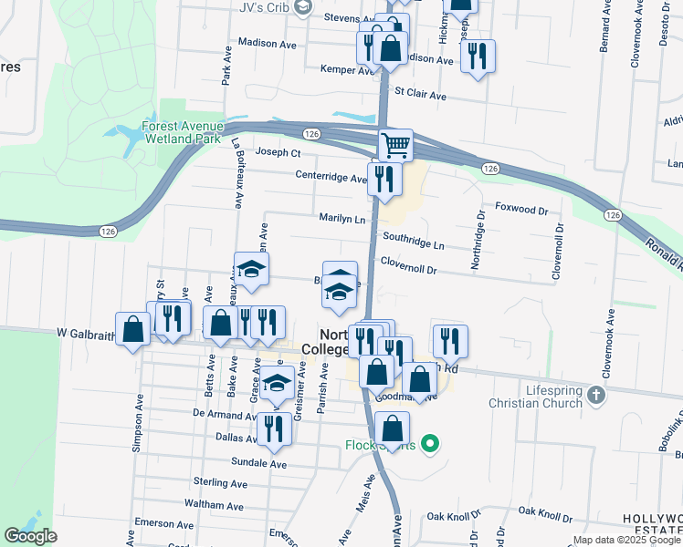 map of restaurants, bars, coffee shops, grocery stores, and more near 1622 Bising Avenue in North College Hill