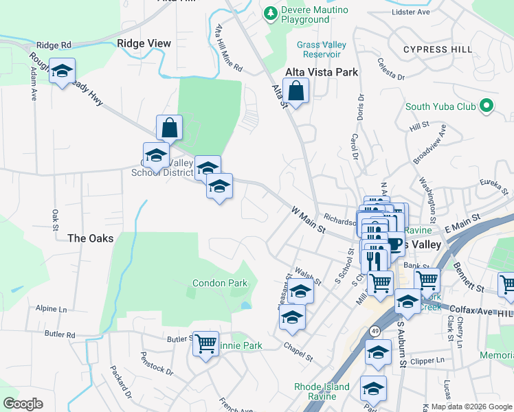 map of restaurants, bars, coffee shops, grocery stores, and more near 816 Forest Glade Circle in Grass Valley