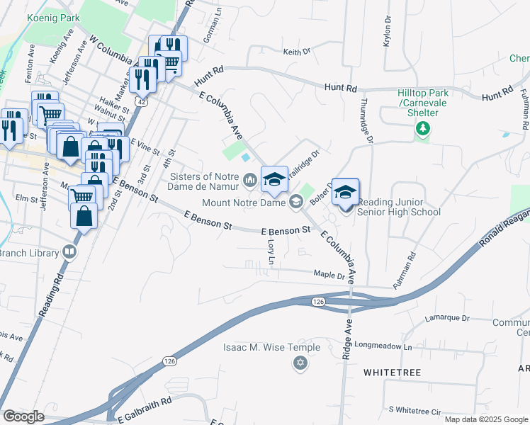 map of restaurants, bars, coffee shops, grocery stores, and more near 650 East Benson Street in Cincinnati