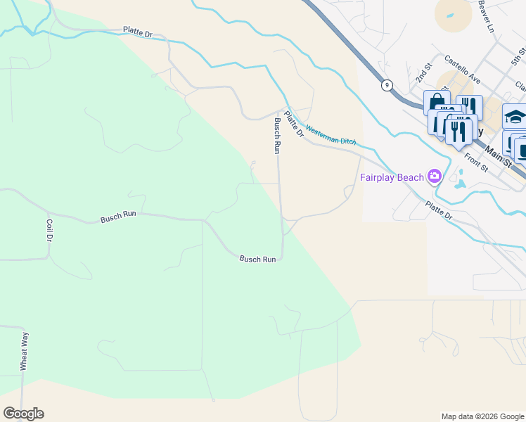 map of restaurants, bars, coffee shops, grocery stores, and more near 401 Busch Run in Fairplay