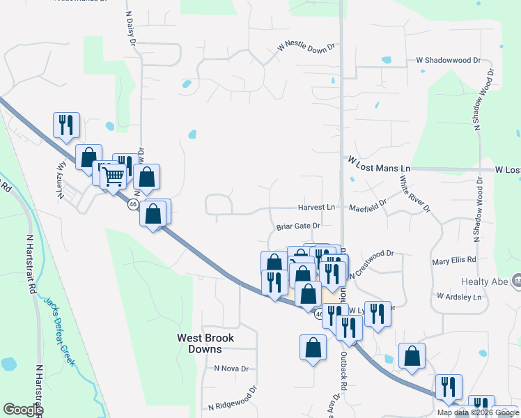 map of restaurants, bars, coffee shops, grocery stores, and more near Autumn Court in Bloomington