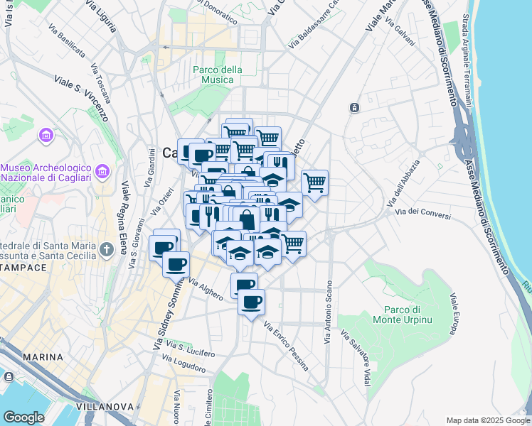 map of restaurants, bars, coffee shops, grocery stores, and more near 13 Via Gioacchino Rossini in Cagliari