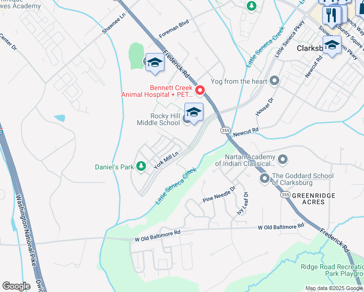 map of restaurants, bars, coffee shops, grocery stores, and more near 22402 Brick Haven Way in Clarksburg